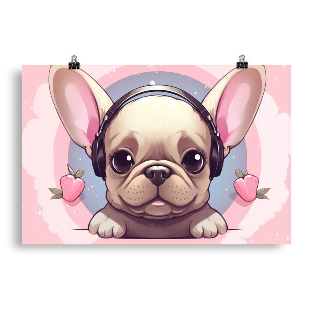 Fawn French Bulldog with Headphones Cute Pink Poster - Oh Posters