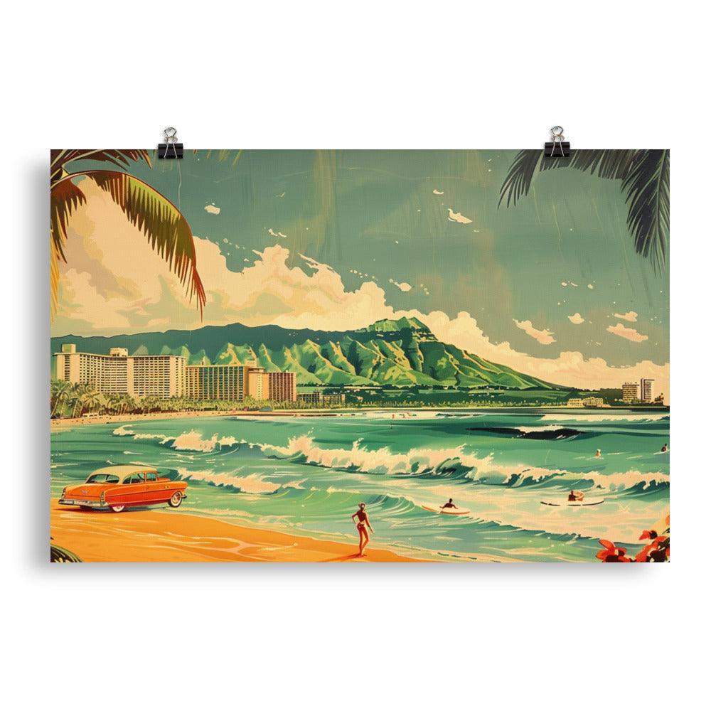 Classic Surfing Waikiki Retro Car Beach Scene Poster - Oh Posters