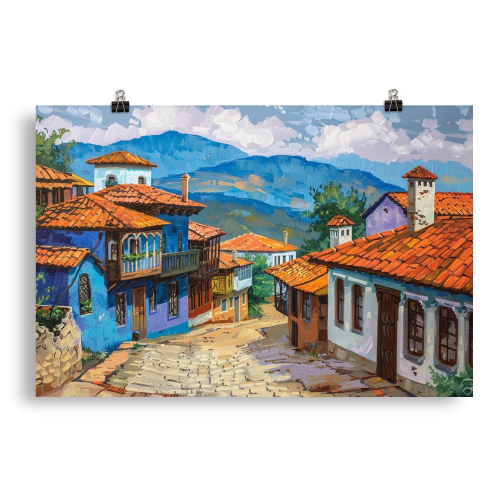 Bulgarian Village Blue Houses Oil Painting Poster - Oh Posters