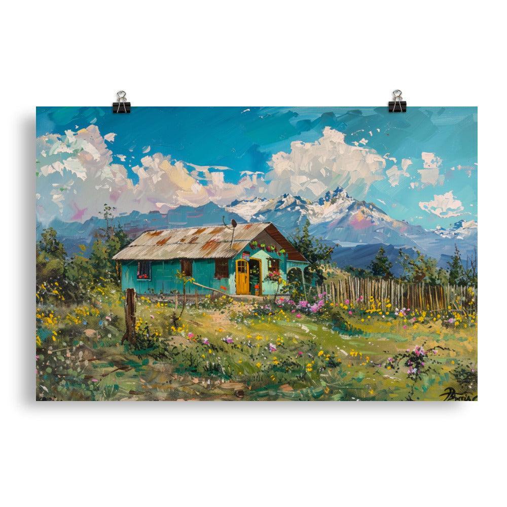 Chile Scenic Mountain Landscape with Colorful Cabin Oil Painting Poster - Oh Posters