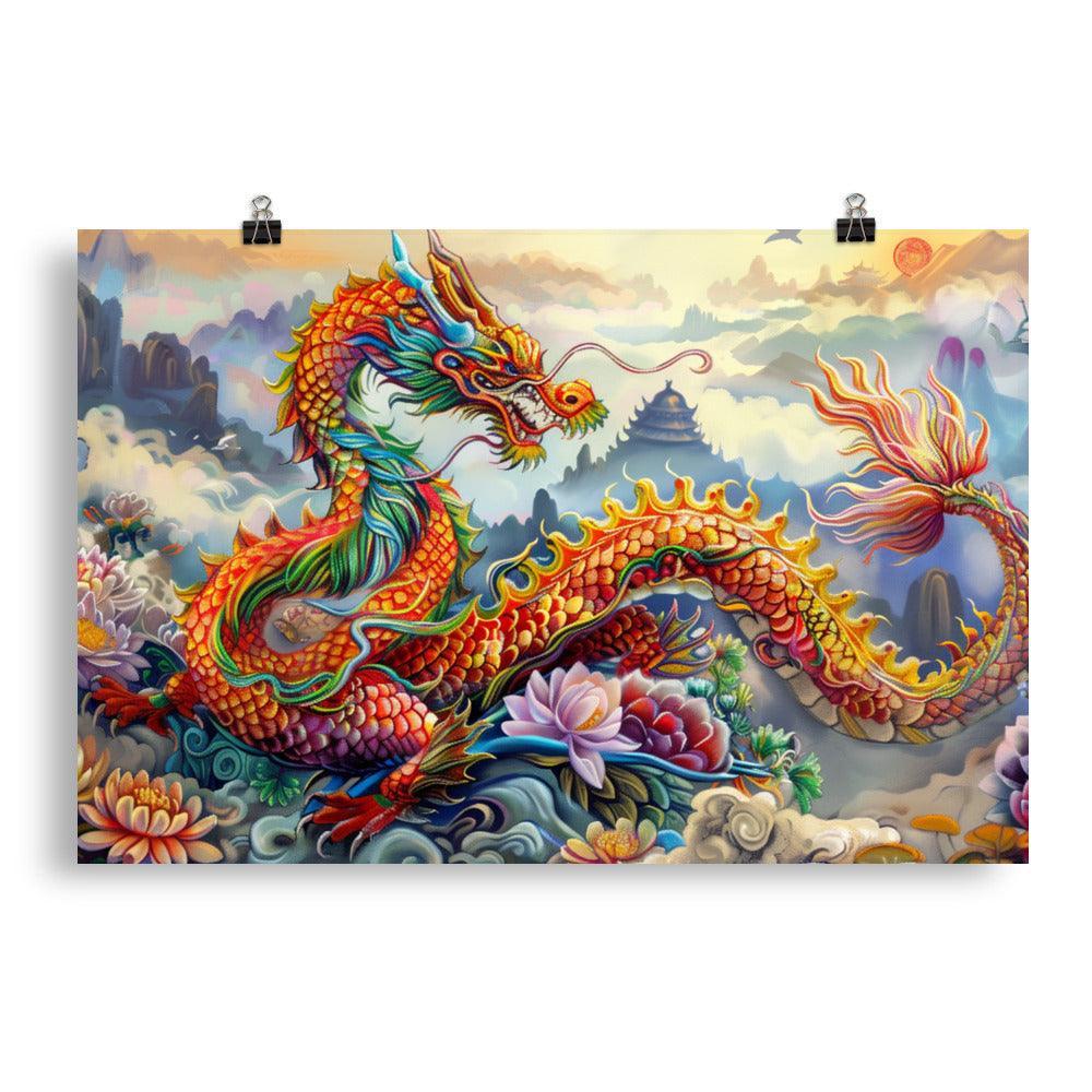 China Vibrant Dragon and Floral Fantasy Art Poster - Oh Posters