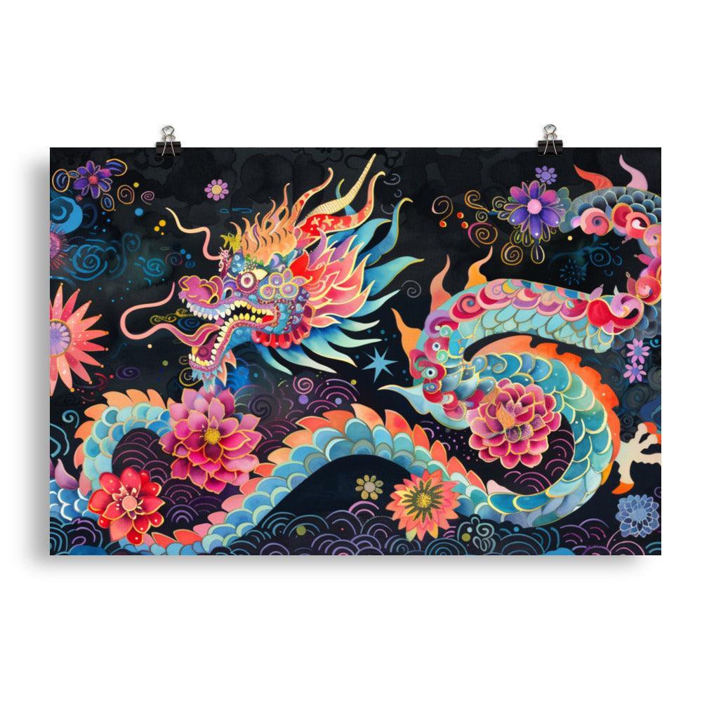 China Mythical Dragon and Night Blossoms Poster - Oh Posters