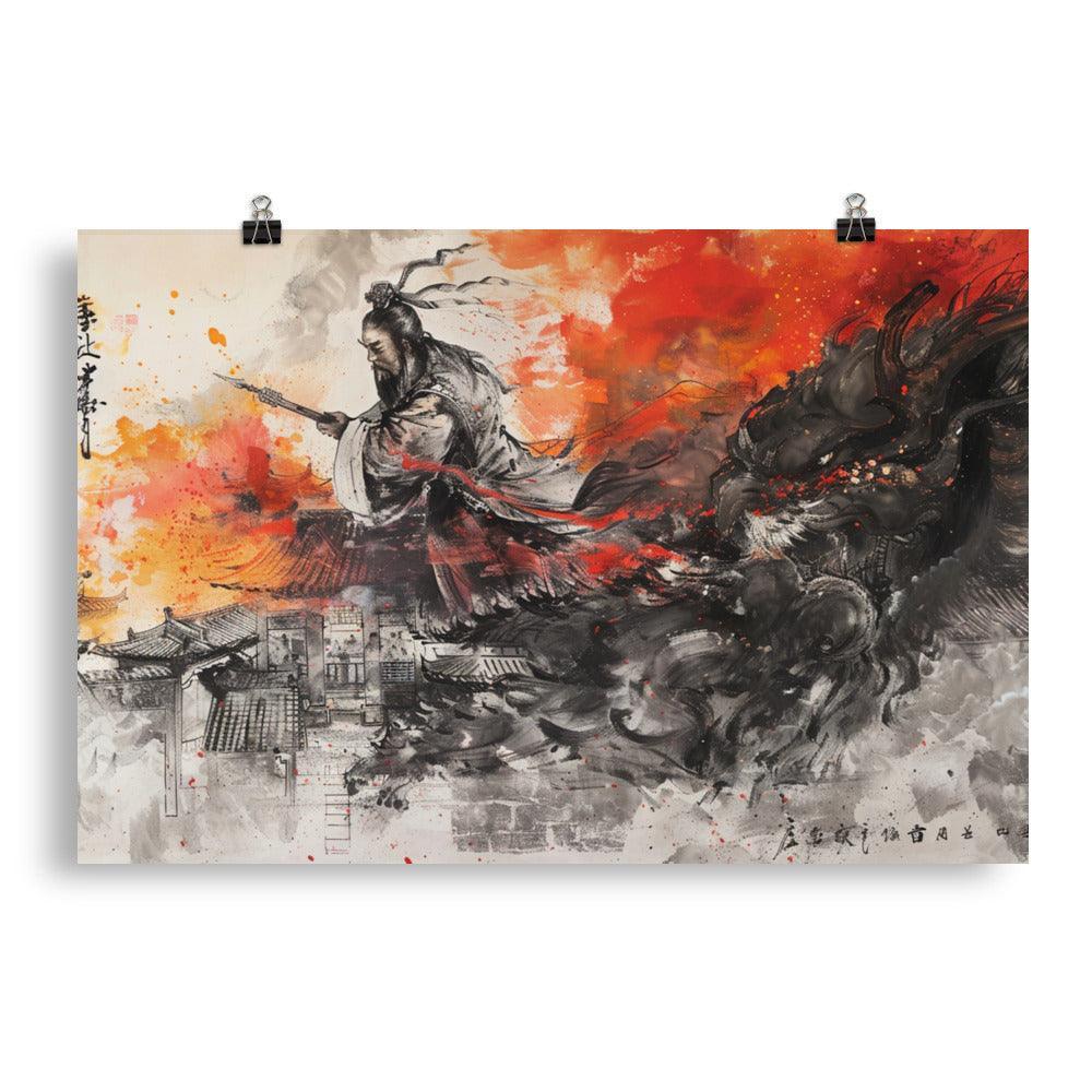 China Ancient Warrior and Dragon Battle Ink Painting Poster - Oh Posters