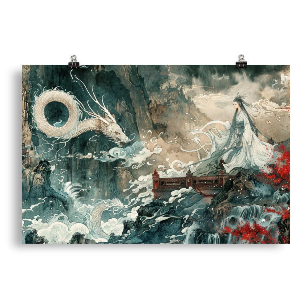 China Mystical Dragon and Goddess Waterfall Scene Poster - Oh Posters