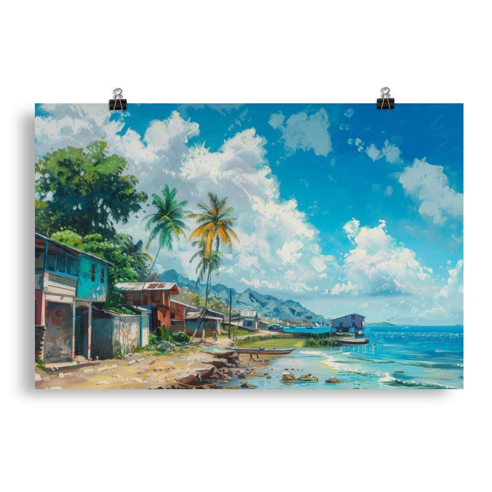 Comoros Seaside Village with Boats Scenic Artwork Poster - Oh Posters