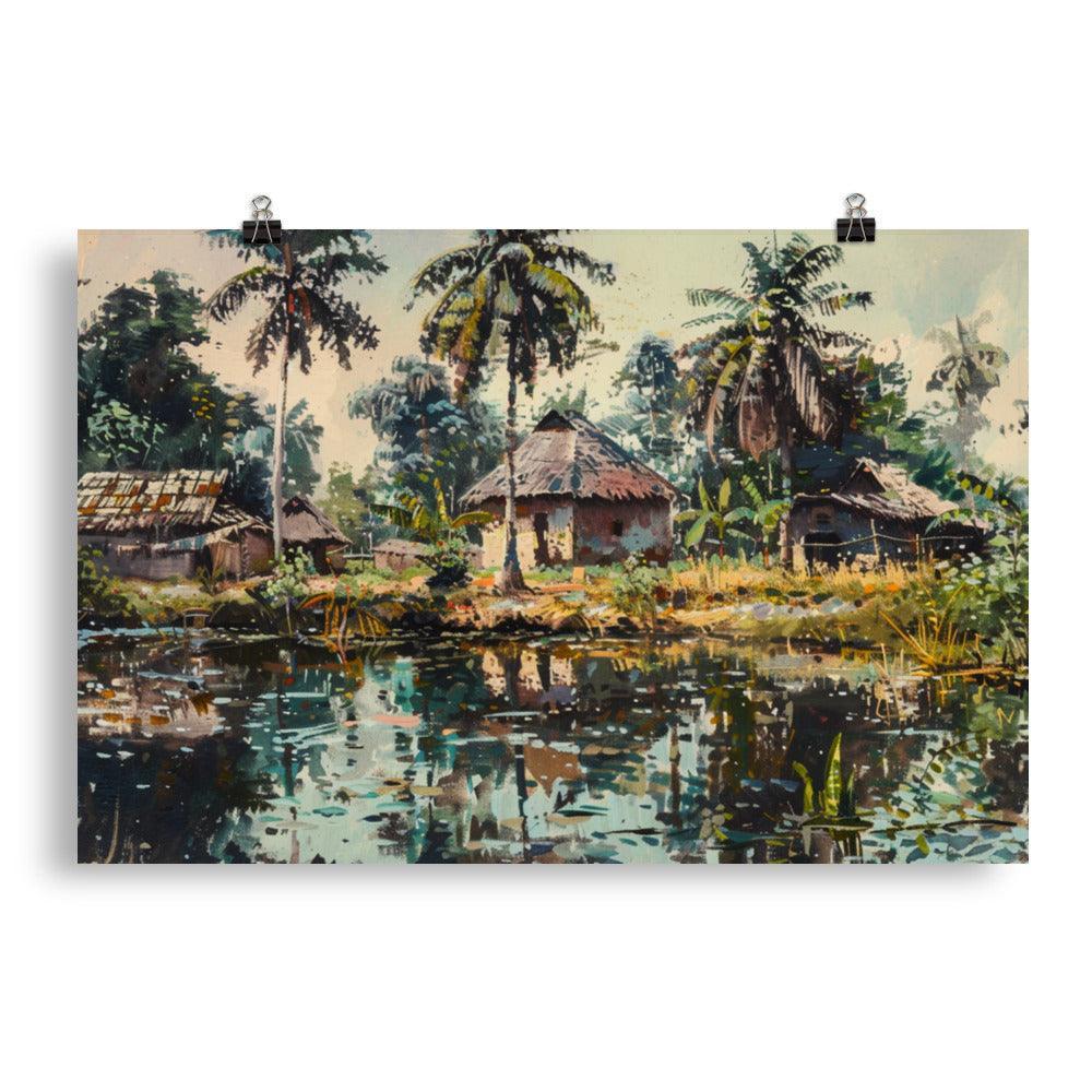 Côte d’Ivoire Riverside Village Tropical Painting Poster - Oh Posters