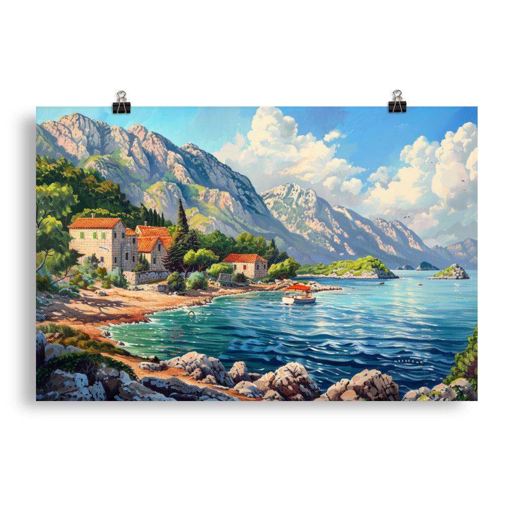 Croatia Serene Coastline and Mountains Landscape Painting Poster - Oh Posters