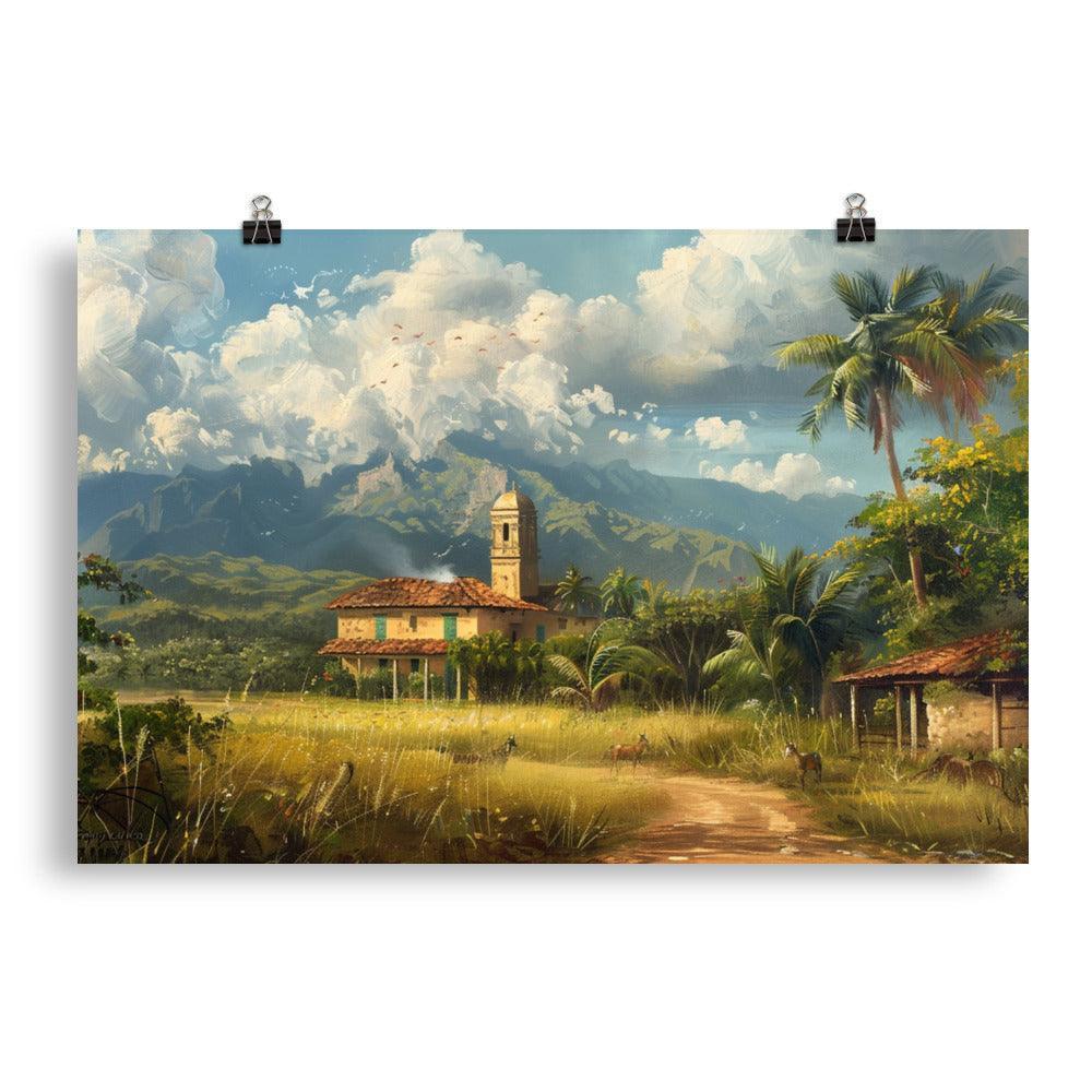 Cuba Rural Landscape with Church and Mountains Painting Poster - Oh Posters