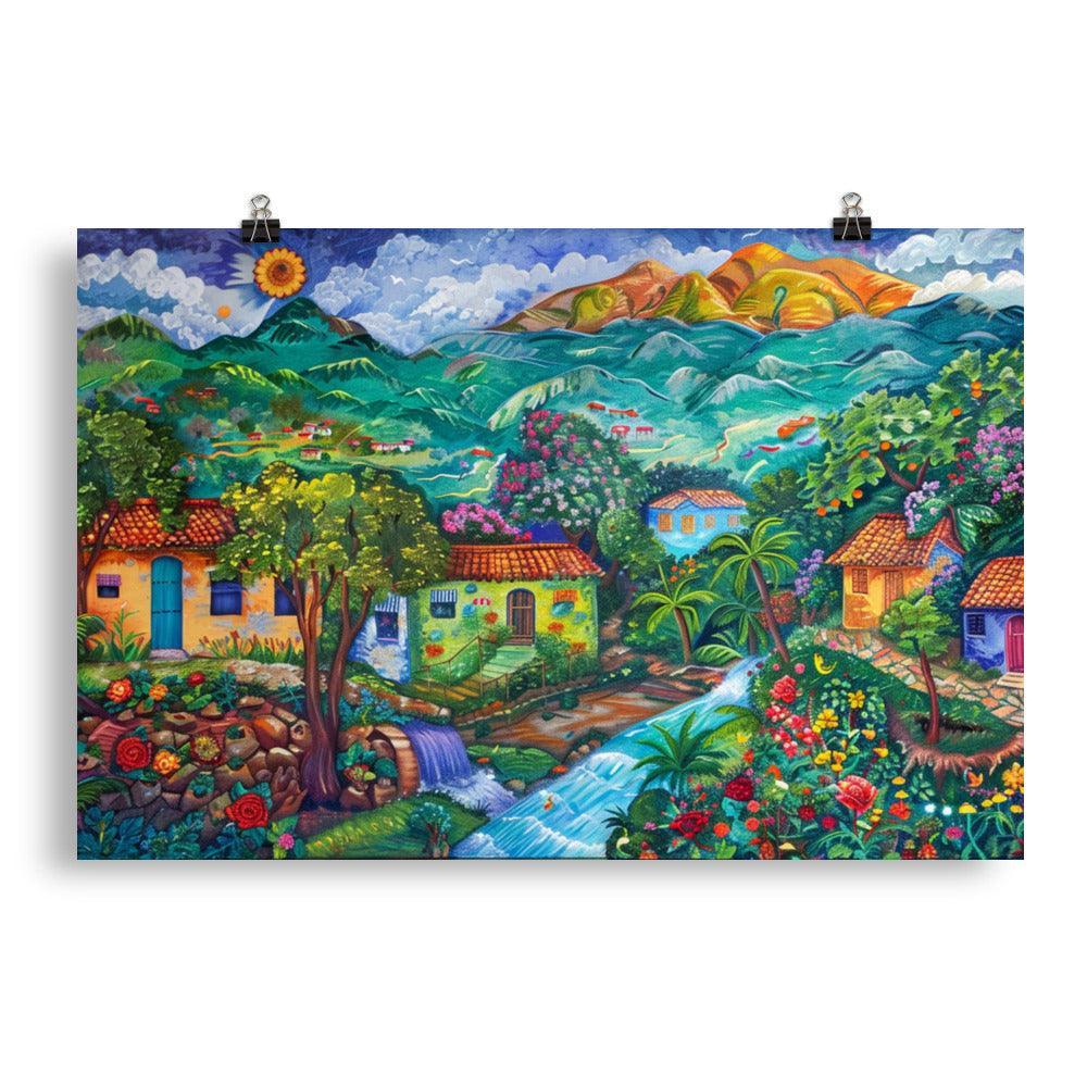 El Salvador Colorful Village Floral Paradise Poster - Oh Posters