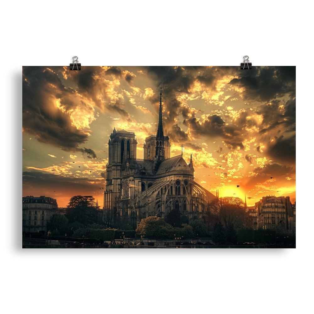 France Paris Notre Dame Cathedral Dramatic Sunset Poster - Oh Posters