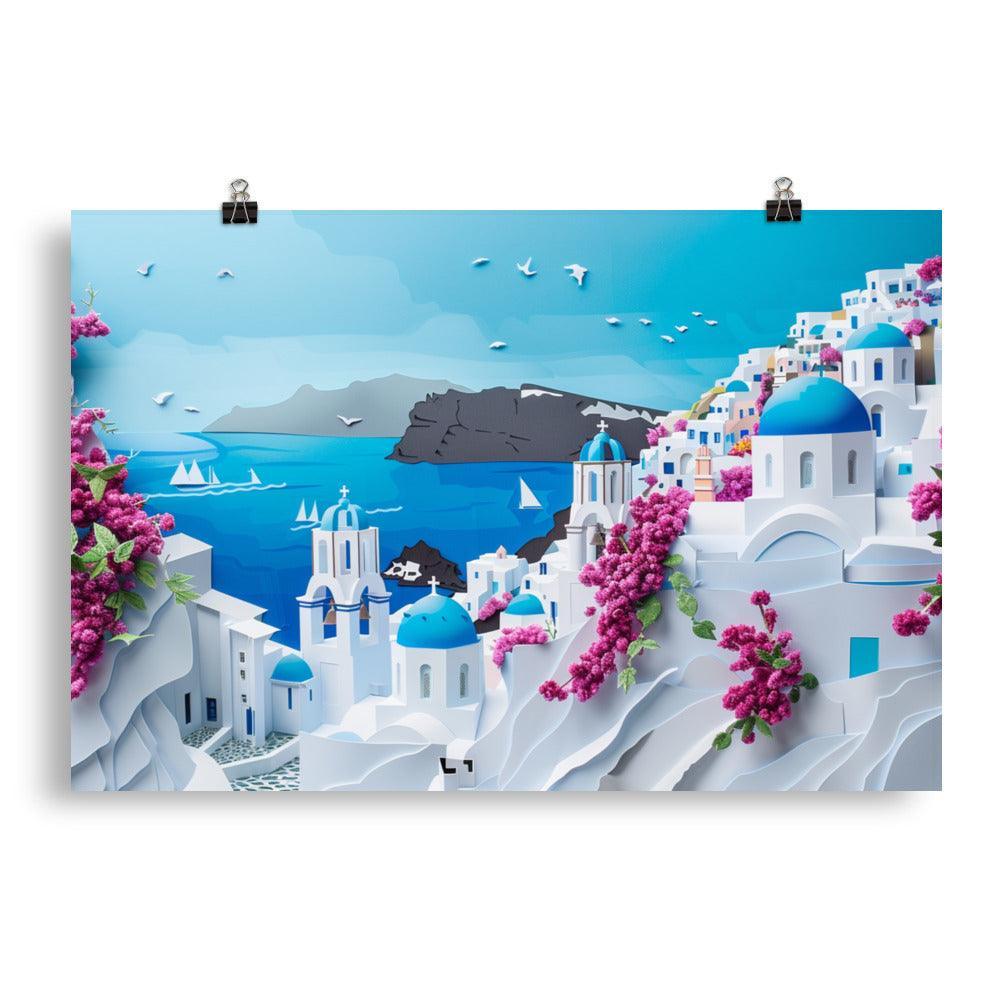 Greece Santorini Blooming Flowers Coastal Scene Poster - Oh Posters