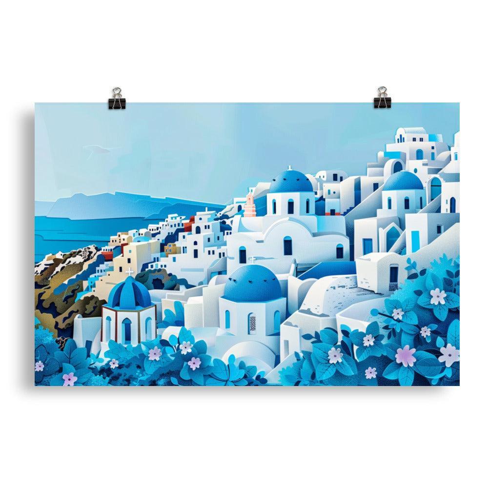 Greece Santorini Blue Domes Seaside Village Poster - Oh Posters