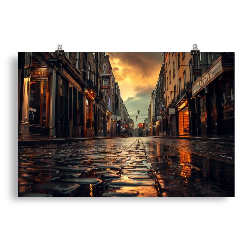 Ireland Rainy Cobblestone Street Evening Poster - Oh Posters