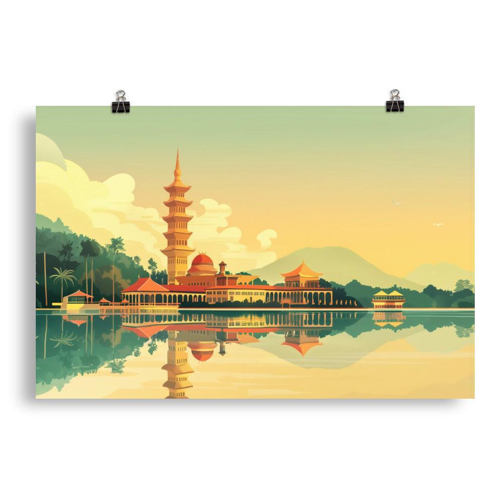 Malaysia Tranquil Pagoda Lakeside Reflection Poster - Oh Posters