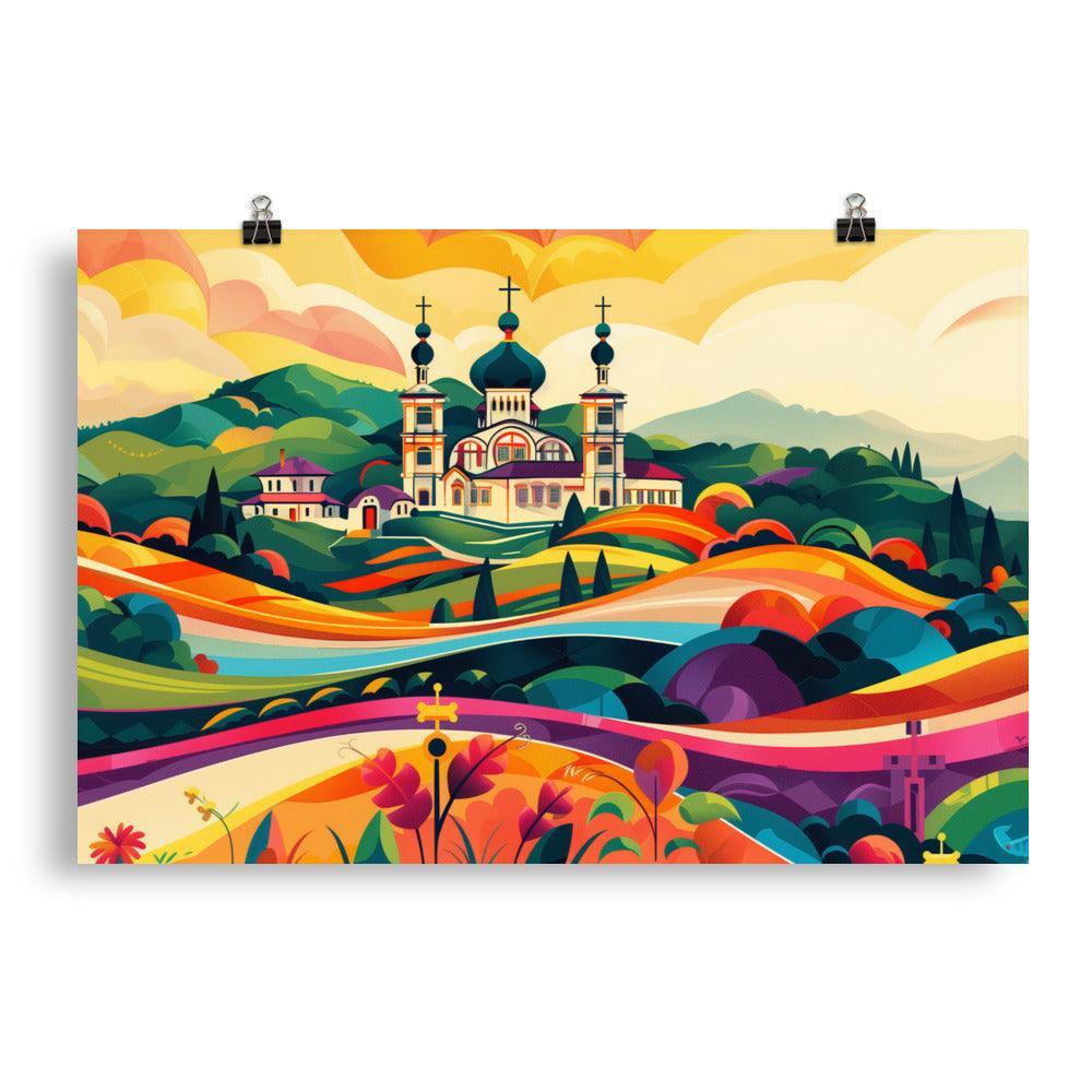 Moldova Colorful Rolling Hills with Orthodox Church Poster - Oh Posters