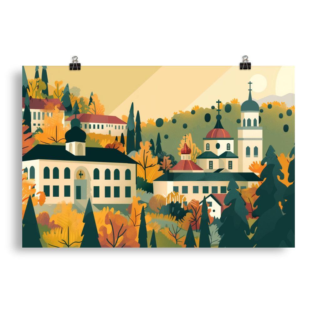 Moldova Serene Monastery in Lush Autumn Forest Poster - Oh Posters