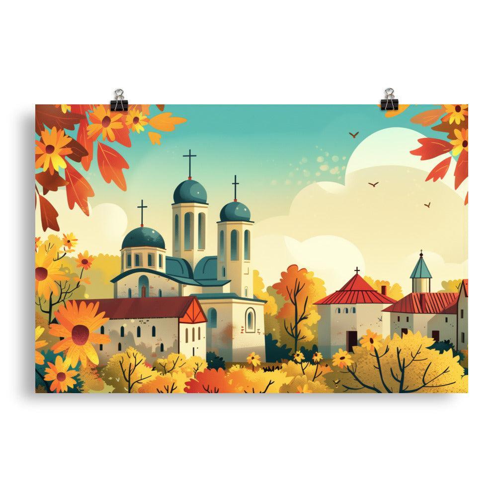 Moldova Tranquil Orthodox Church in Flowering Countryside Poster - Oh Posters