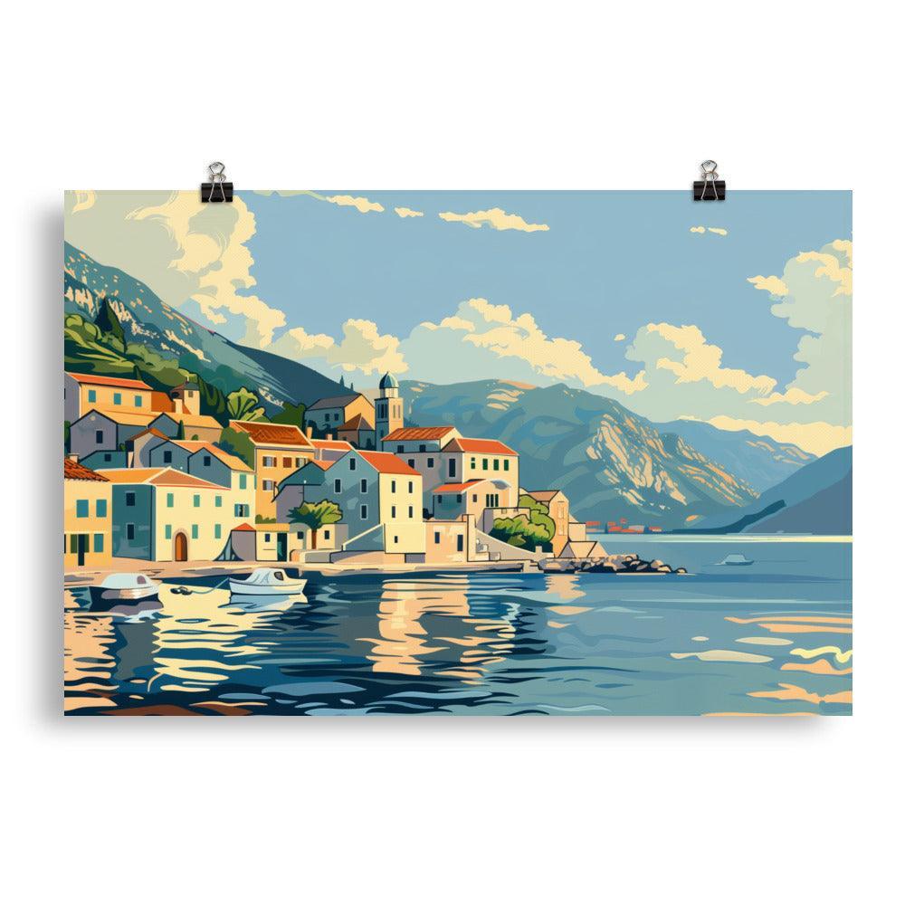 Montenegro Seaside Village Boats Mountain View Poster - Oh Posters