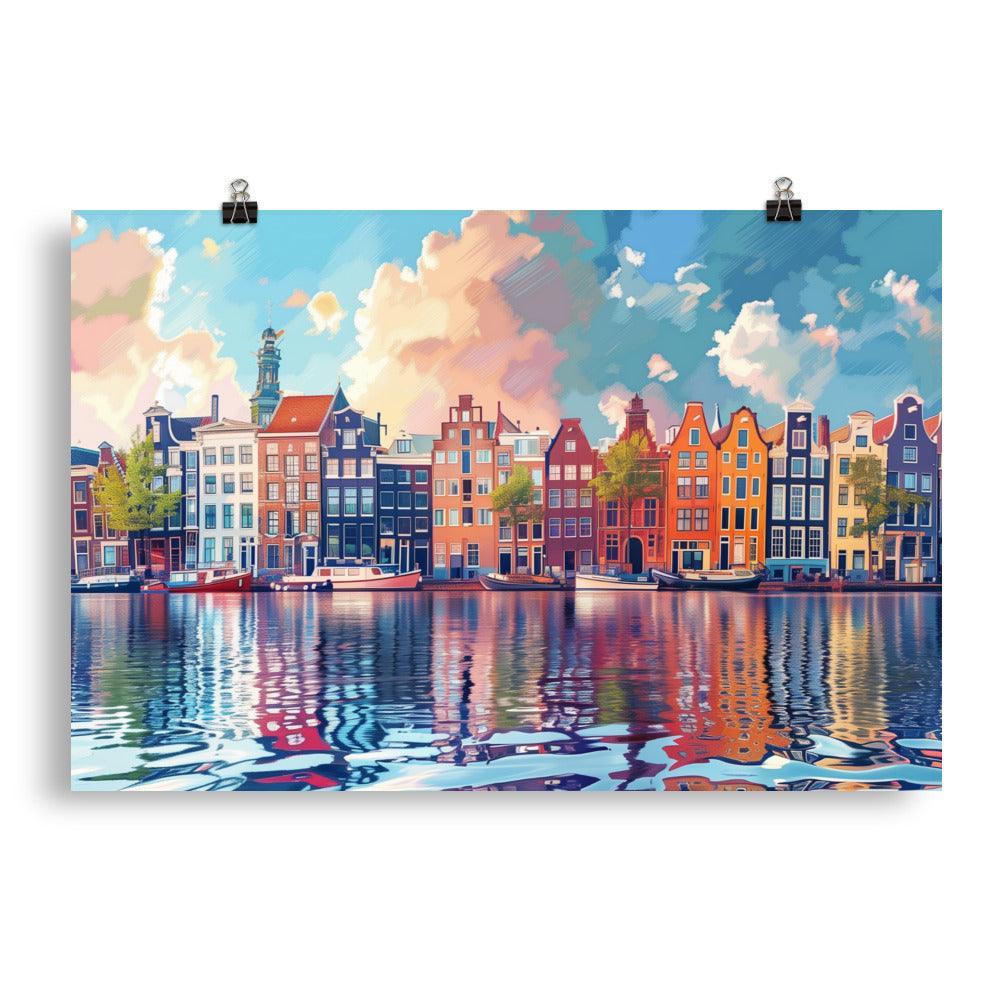 Netherlands Colorful Amsterdam Canal Rowhouses Poster - Oh Posters