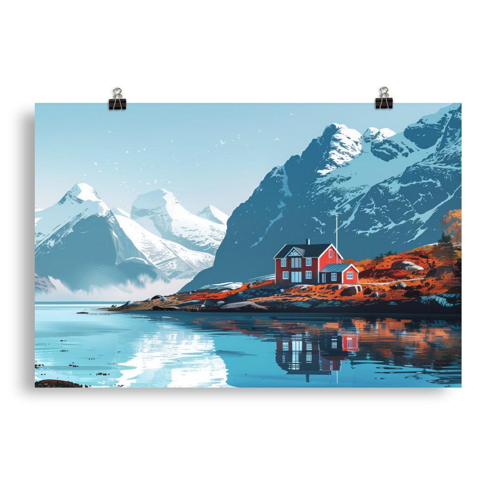 Norway Fjordside Cottage in Snowy Mountains Poster - Oh Posters