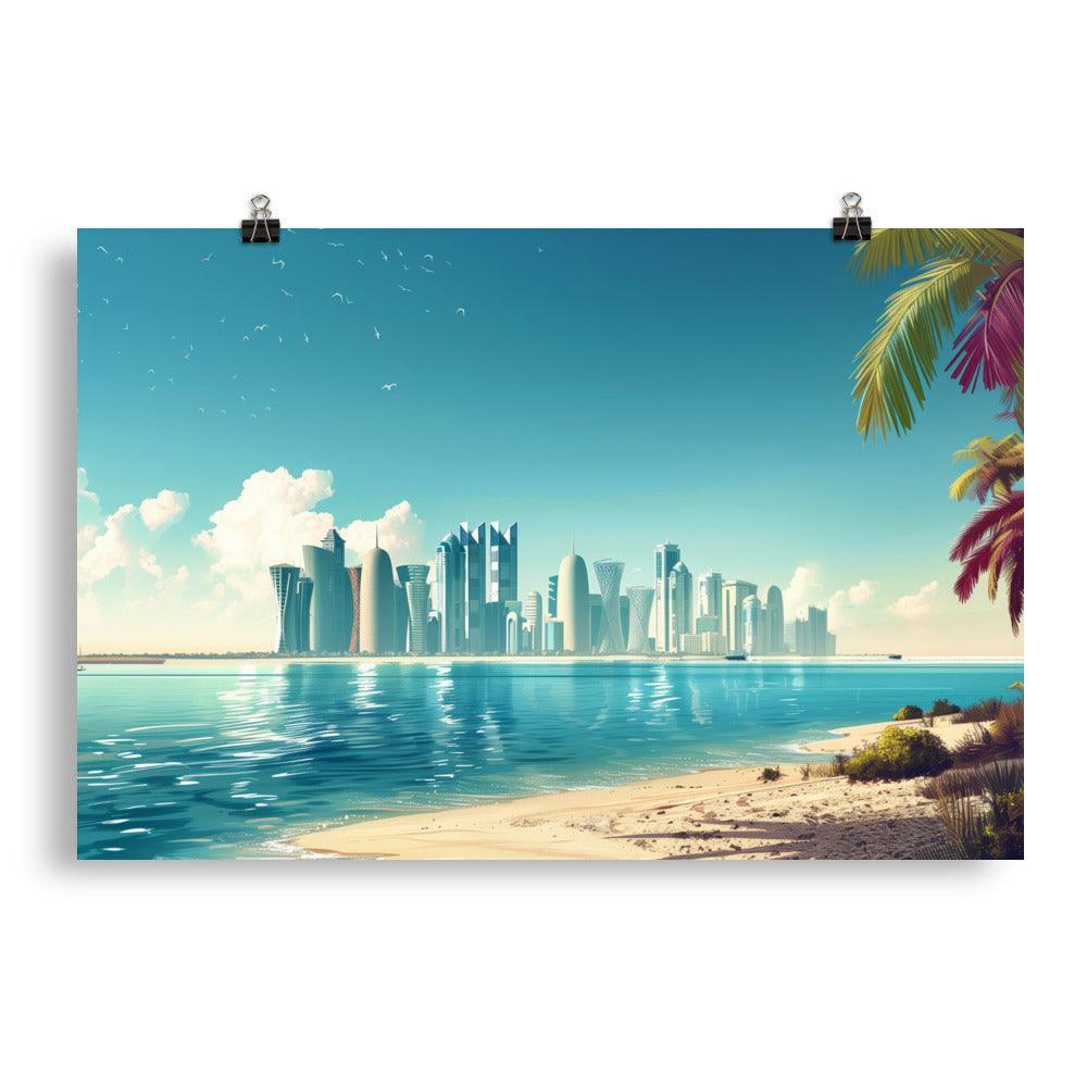 Qatar Modern Coastal Skyline Daytime Poster - Oh Posters