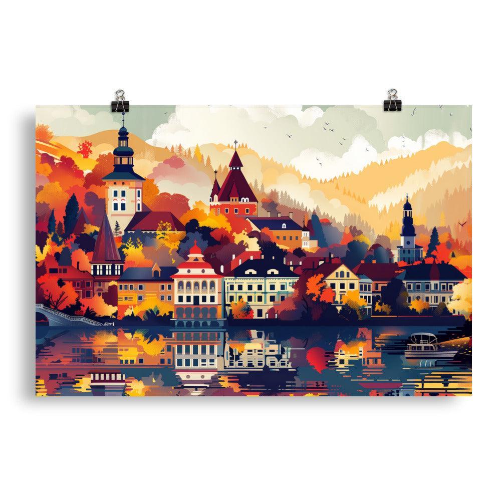 Romania Autumn Village Scenic Reflection Poster - Oh Posters