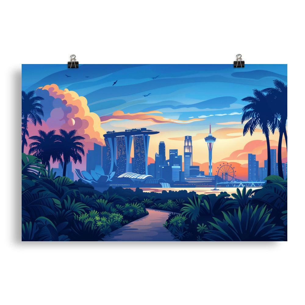 Singapore Iconic Cityscape Tropical Twilight Poster - Oh Posters