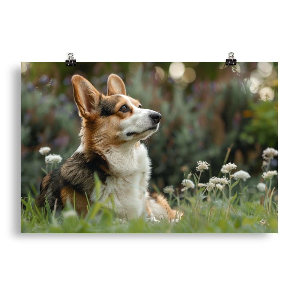 Cardigan Welsh Corgi in Flower Field Photograph Poster - Oh Posters