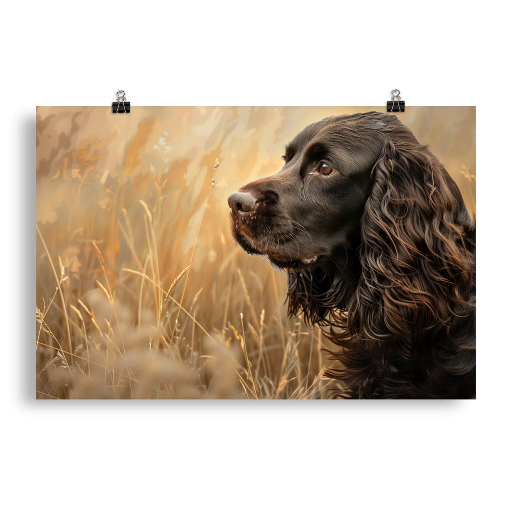 Field Spaniel in Golden Meadow Portrait Poster - Oh Posters