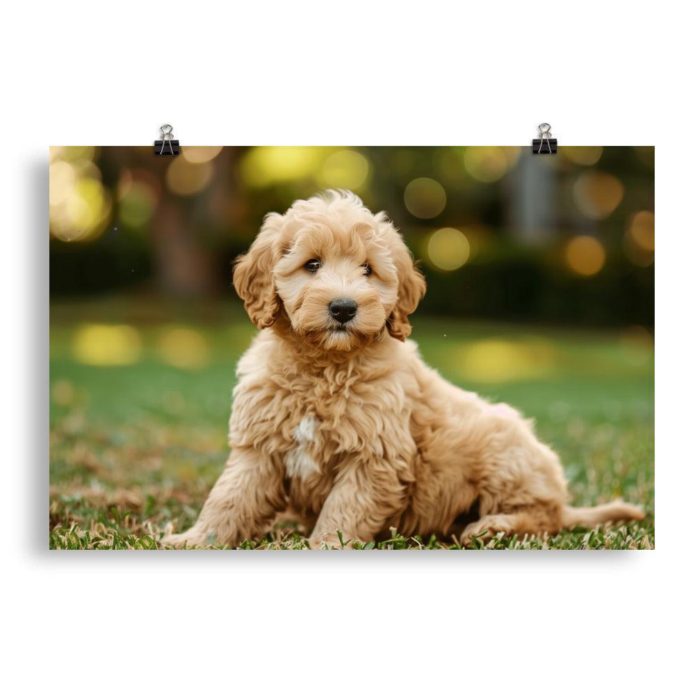 Goldendoodle Puppy in Green Field Poster - Oh Posters