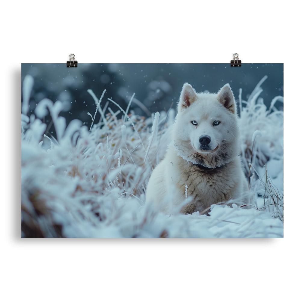 Hokkaido Dog in Snowy Wilderness Landscape Poster - Oh Posters