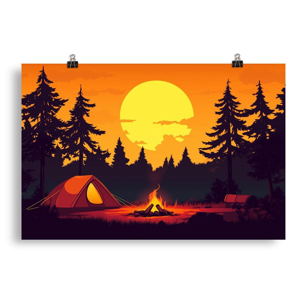 Forest Campfire Under Sunset Adventure Illustration Art Poster - Oh Posters