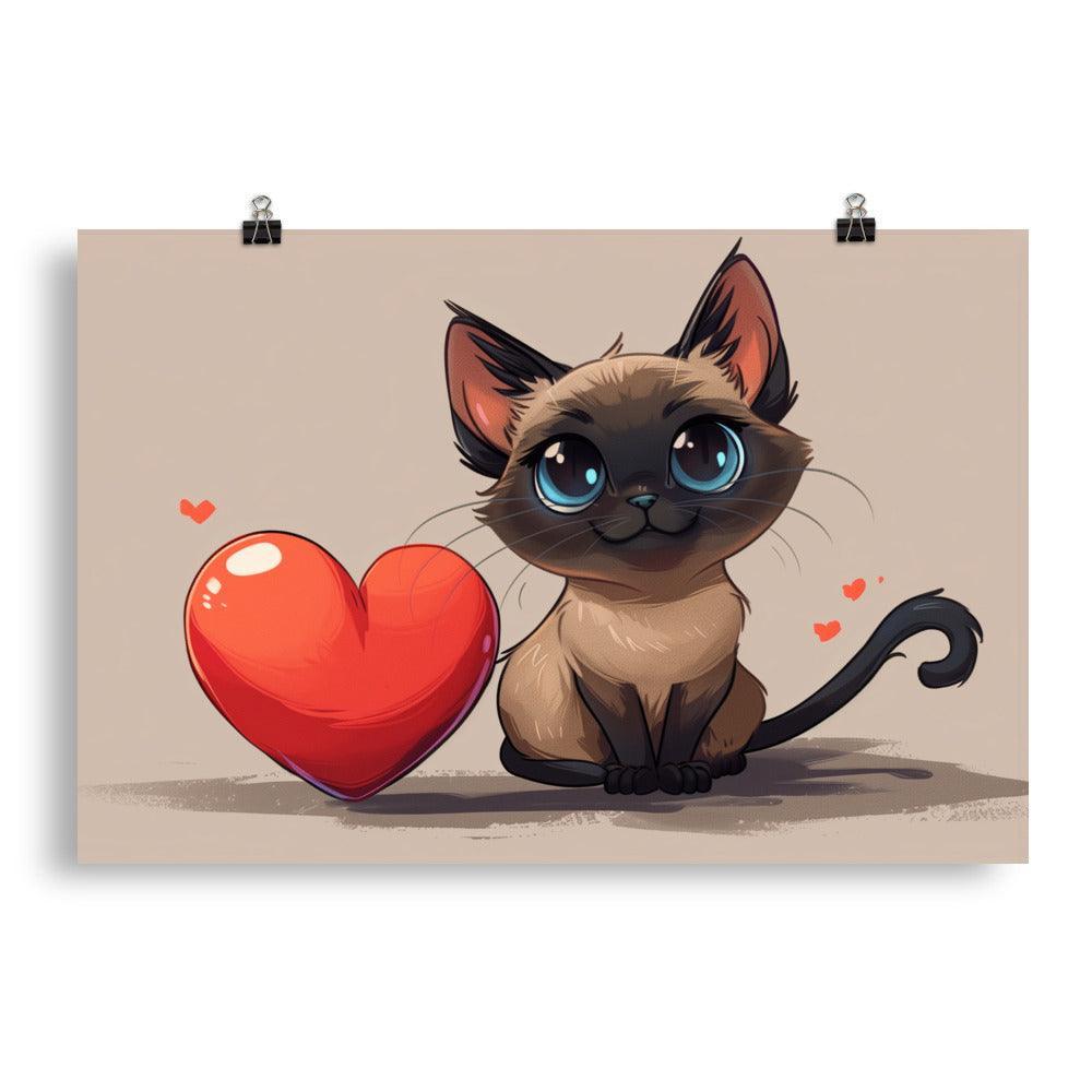 Cute Siamese Cat Cartoon Love Heart Illustration Poster - Oh Posters