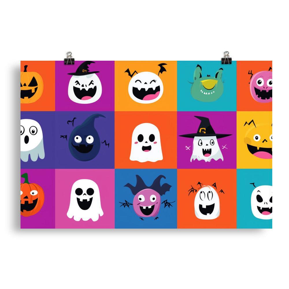 Halloween Cartoon Character Faces with Colorful Backgrounds Poster - Oh Posters