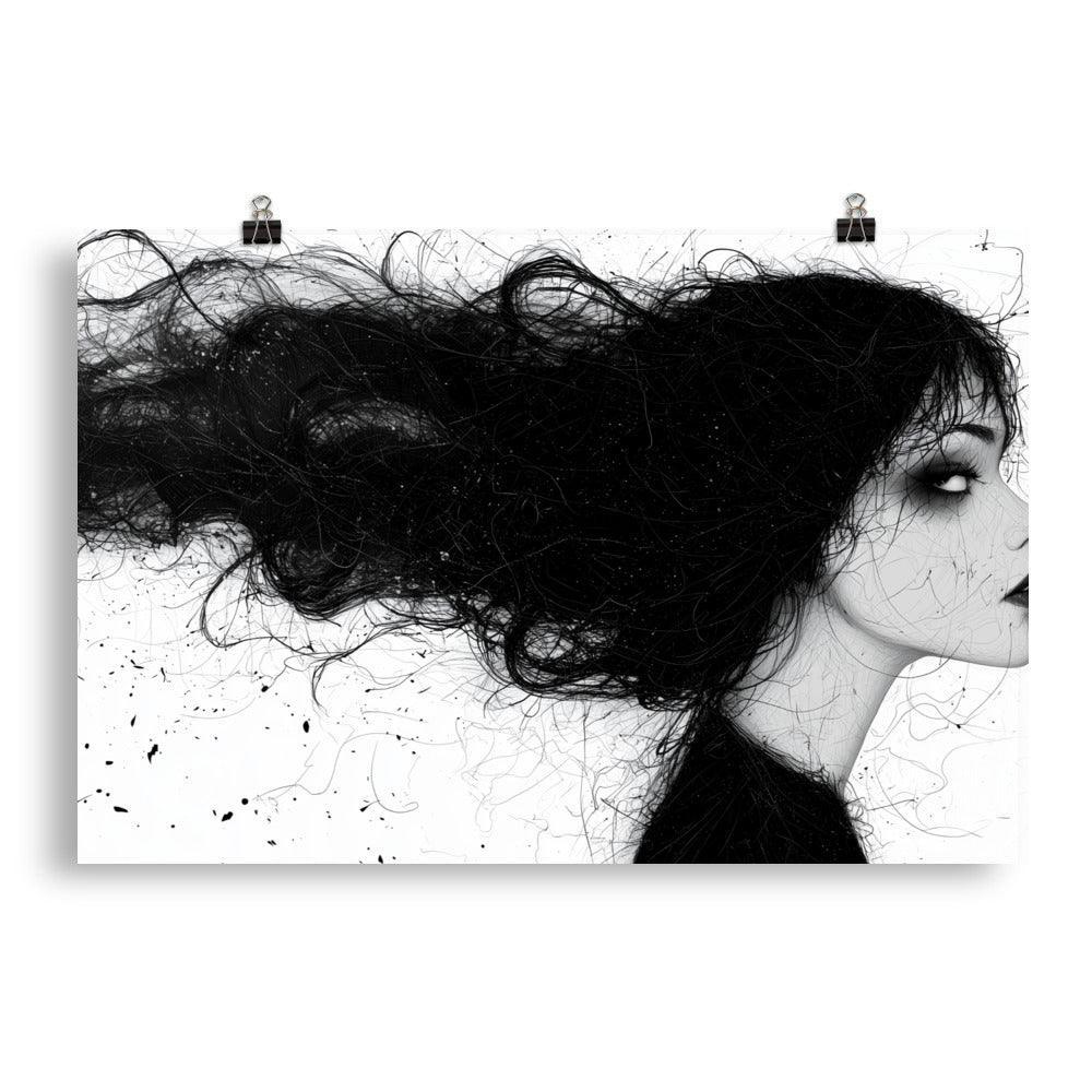 Female Silhouette with Dramatic Hair Flow Black and White Sketch Poster - Oh Posters