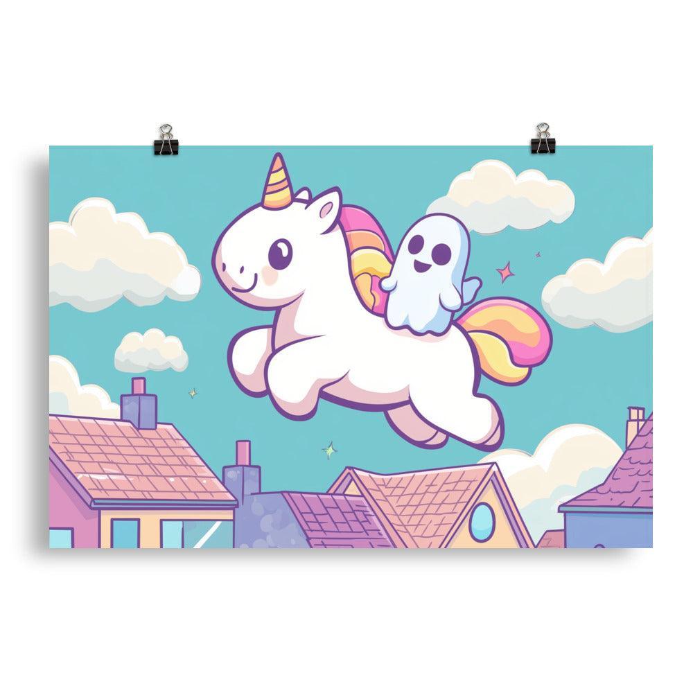 Kawaii Unicorn and Ghost Floating Above Colorful Town Digital Art Poster - Oh Posters