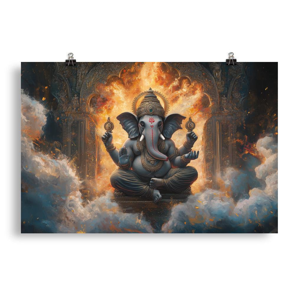 Fiery Ganesh with Glowing Background Sacred Indian Illustration Poster - Oh Posters