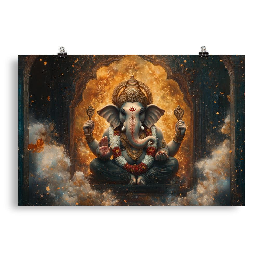 Ganesh in a Golden Temple with Flames Ethereal Artwork Poster - Oh Posters