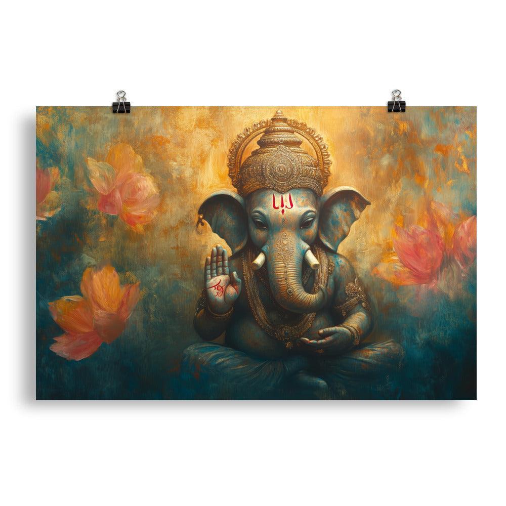 Ganesh Spiritual Art with Lotus Flowers Mystical Painting Poster - Oh Posters