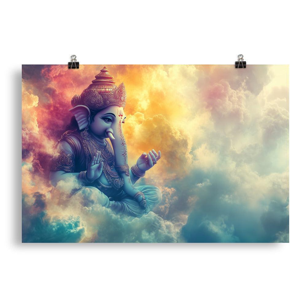 Divine Ganesh in the Clouds Spiritual Fantasy Artwork Poster - Oh Posters