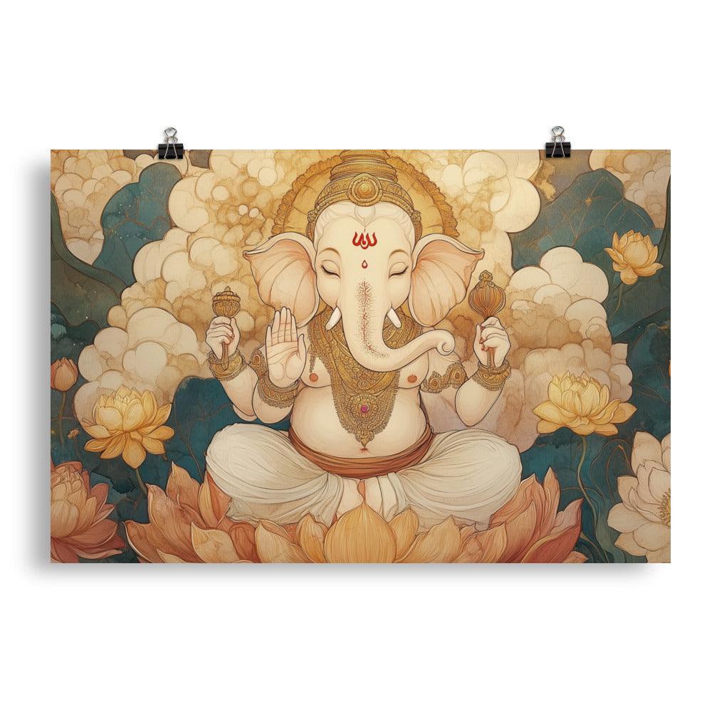 Ganesh Surrounded by Lotus Flowers Ethereal Watercolor Art Poster - Oh Posters