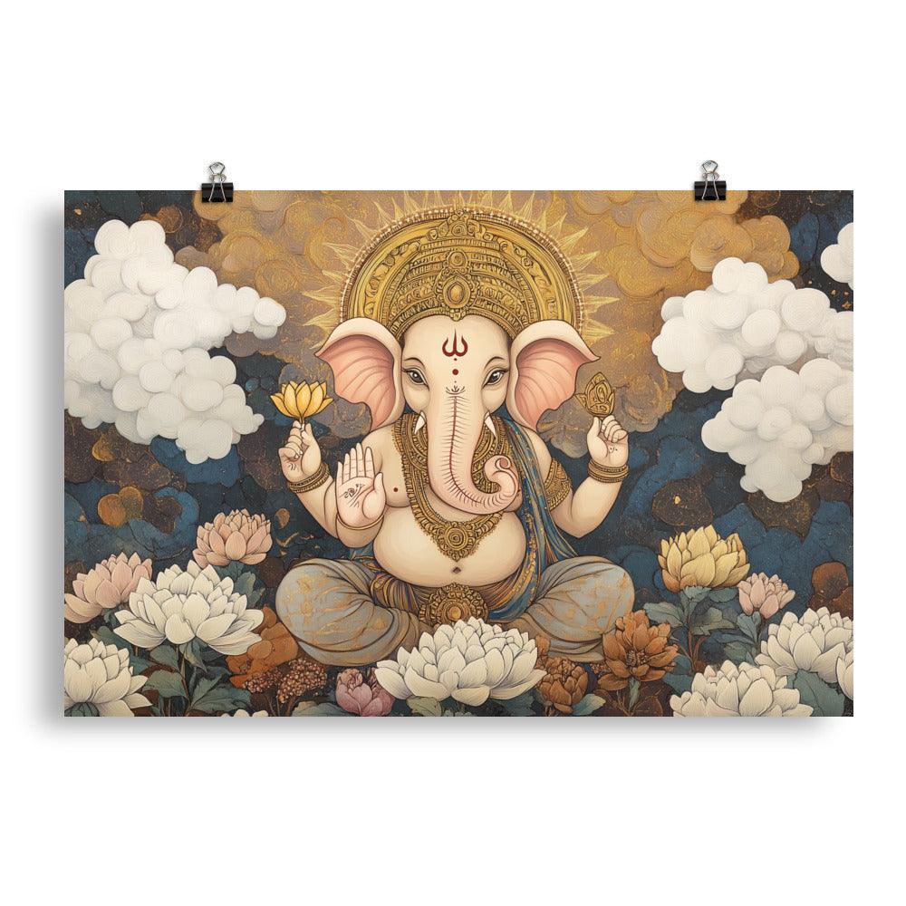 Ganesh with Lotus and Clouds Serene Indian Mythological Art Poster - Oh Posters