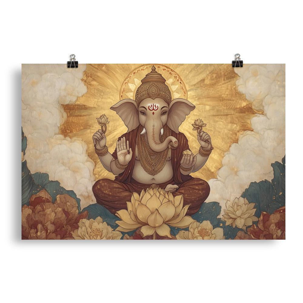 Golden Ganesh with Lotus Blossoms Peaceful Spiritual Artwork Poster - Oh Posters