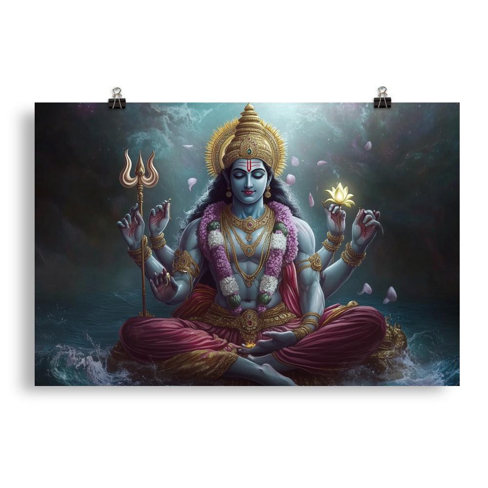 Meditative Vishnu with Trident and Lotus Divine Cosmic Illustration Poster - Oh Posters