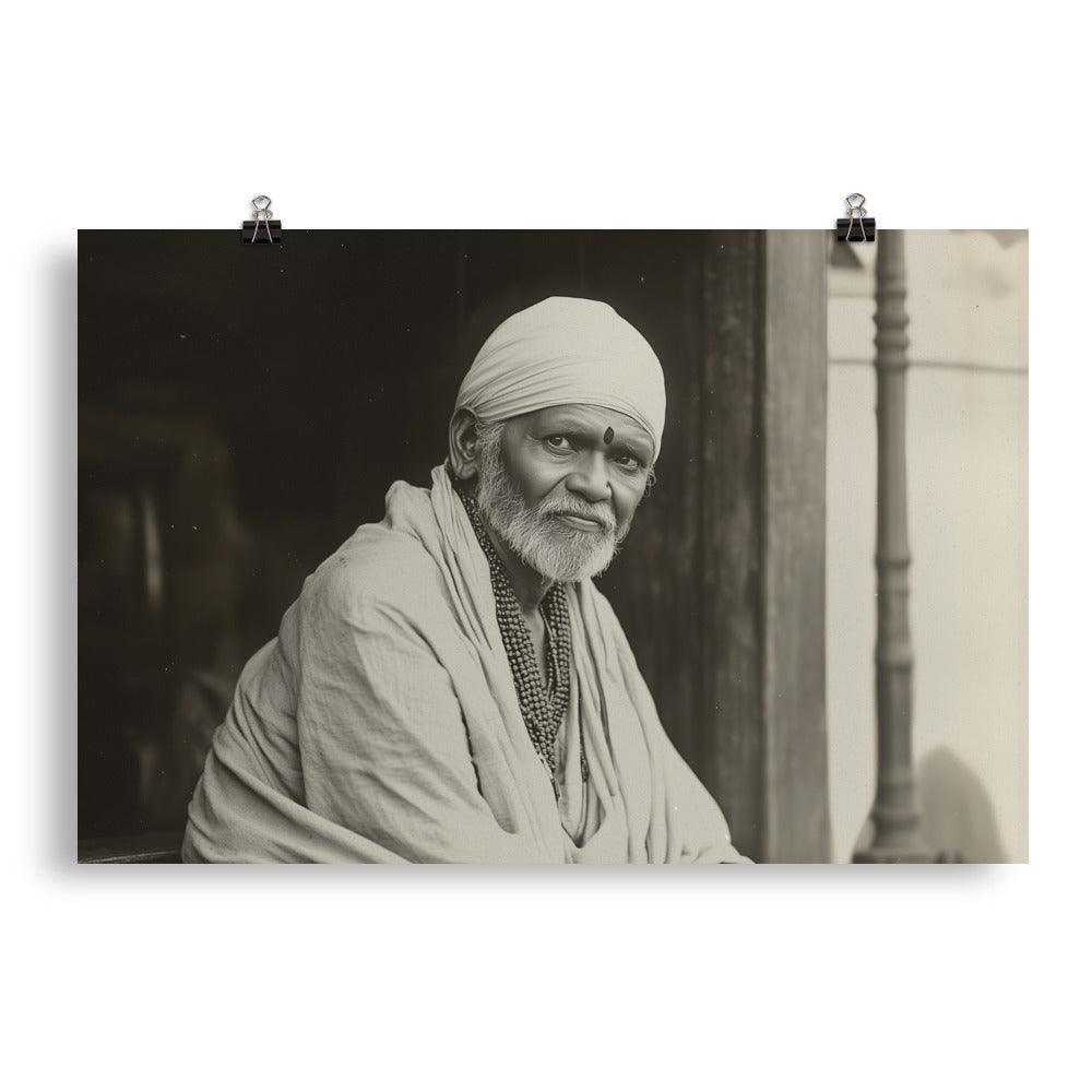Serene Sai Baba Vintage Monochrome Photograph Poster - Oh Posters