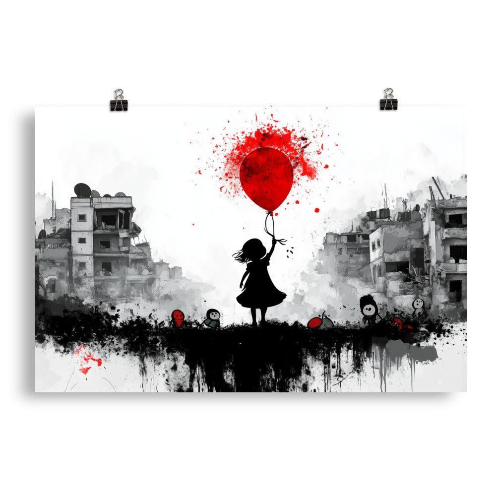 Girl with Red Balloon Amidst Urban Destruction Palestine Poster - Oh Posters