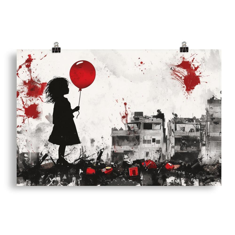 Child Holding Balloon Amidst Rubble Palestine Poster - Oh Posters