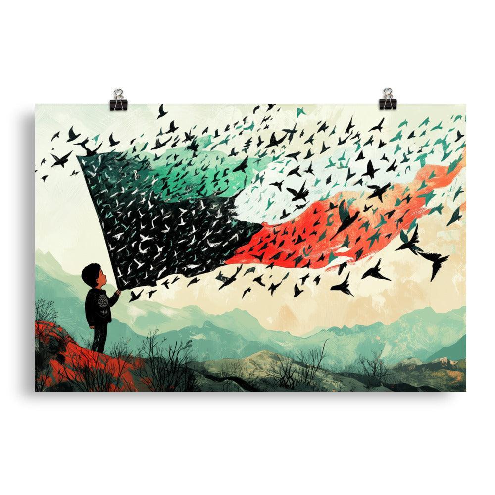 Child Holding Palestinian Flag Birds Flying Illustration Poster - Oh Posters