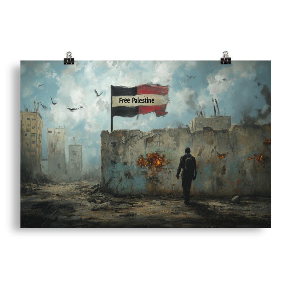 Free Palestine Flag in War-Torn Cityscape Poster - Oh Posters