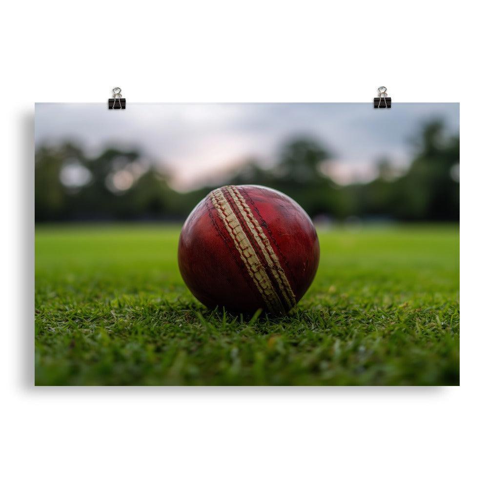 Close-Up Cricket Ball on Green Grass Field Poster - Oh Posters